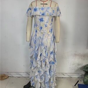 Off-Shoulder Blue & White Ruffle Maxi Dress